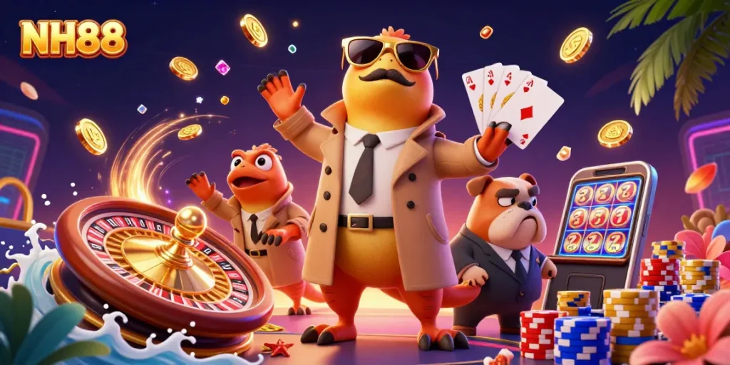 NH88 highlights winning moments with raptors and a bulldog bouncer in a vibrant casino scene.