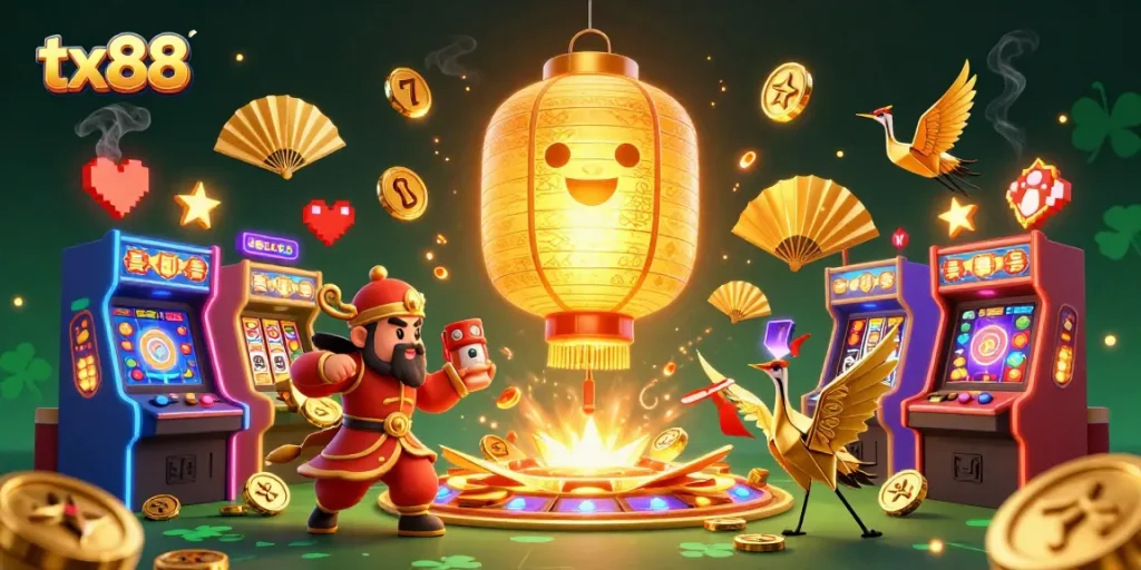 Experience the vibrant excitement at tx88 casino with glowing arcade machines and lucky symbols.