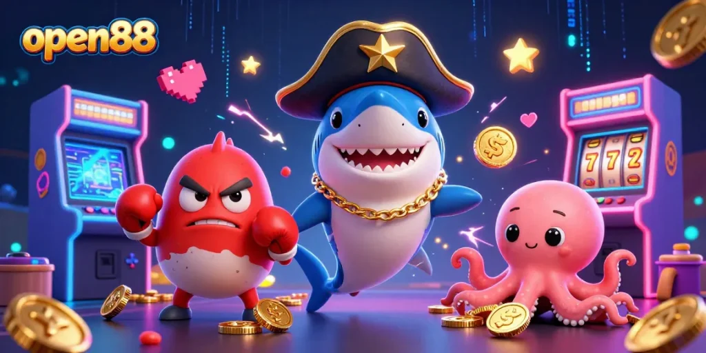 Open88 features a pirate shark and friends engaging in an exciting casino adventure.