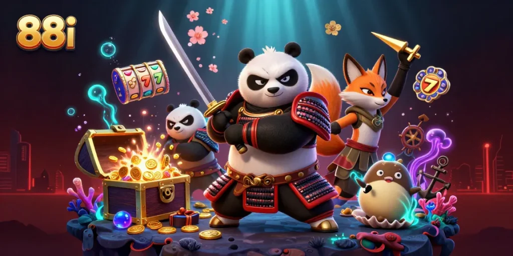 Engage with the thrilling world of 88i as a samurai panda and ninja fox join forces amidst dazzling slot symbols and treasures.