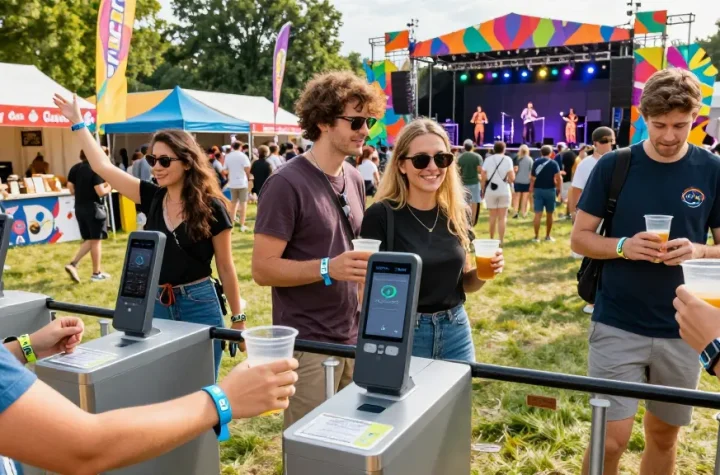 Engaged festival attendees using pulseras NFC para festivales for seamless access and cashless payments.