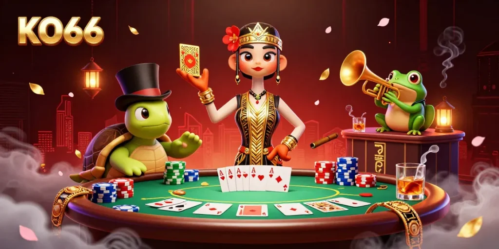 KO66 players engage with vibrant casino illustration, showcasing poker elements and captivating characters.