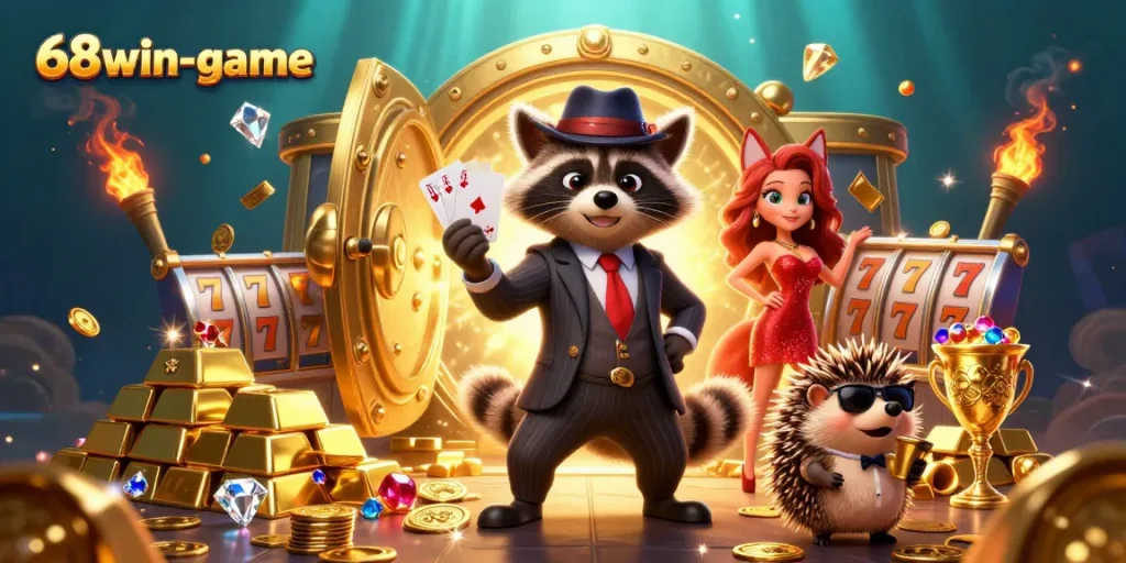 Experience the thrill of winning at 68win-game with a royal flush in hand amid dazzling casino riches.