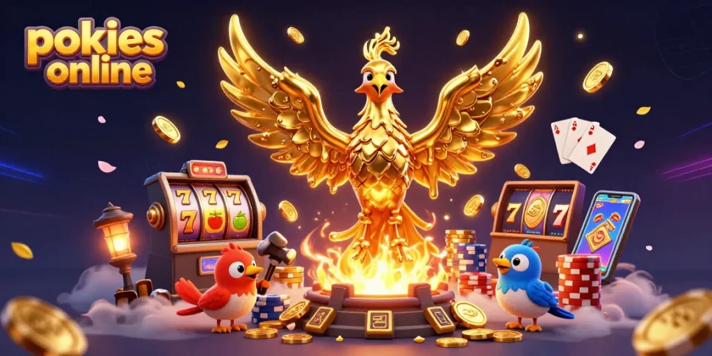 Experience pokies online with vibrant golden phoenix and dynamic casino elements illustration.