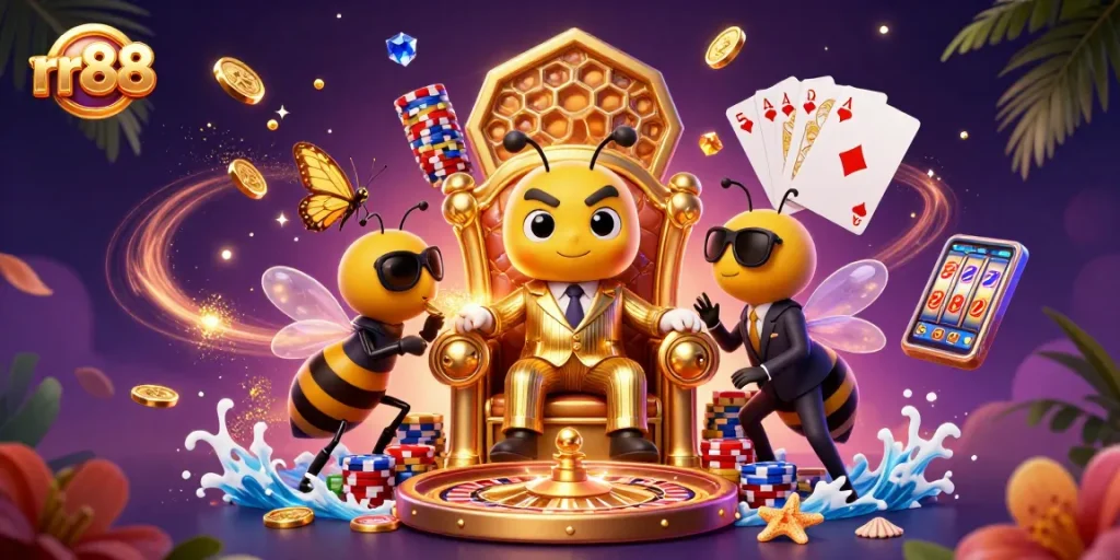 Engage with rr88's vibrant online gaming scene, featuring a cartoon mob boss in a dynamic casino atmosphere.