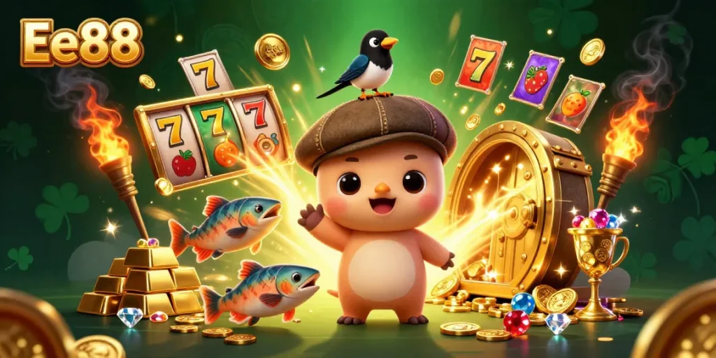 Engage with Ee88 through exciting slot games featuring playful characters and a treasure-filled backdrop.