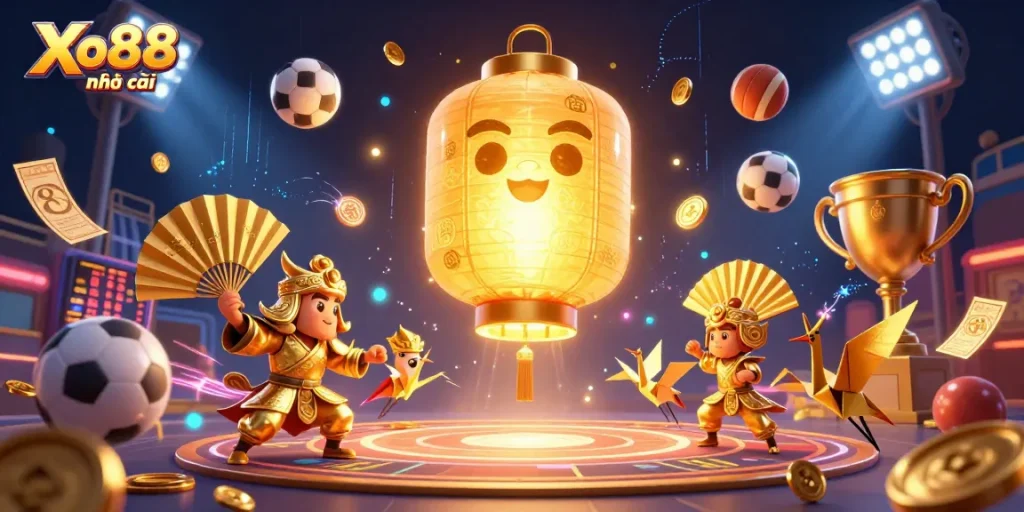 Xo88 nhà cái offers dynamic sports betting action with vibrant casino-themed 3D art.