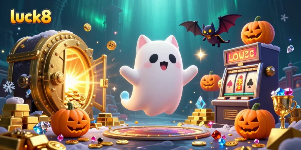 Win big with luck8 in this vibrant haunted casino scene with playful characters and glowing treasures.