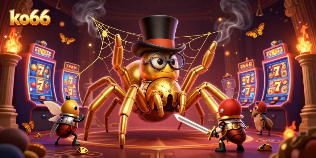 Engage with ko66's thrilling jackpot atmosphere featuring a golden tarantula and beetle knight in a vibrant casino scene.