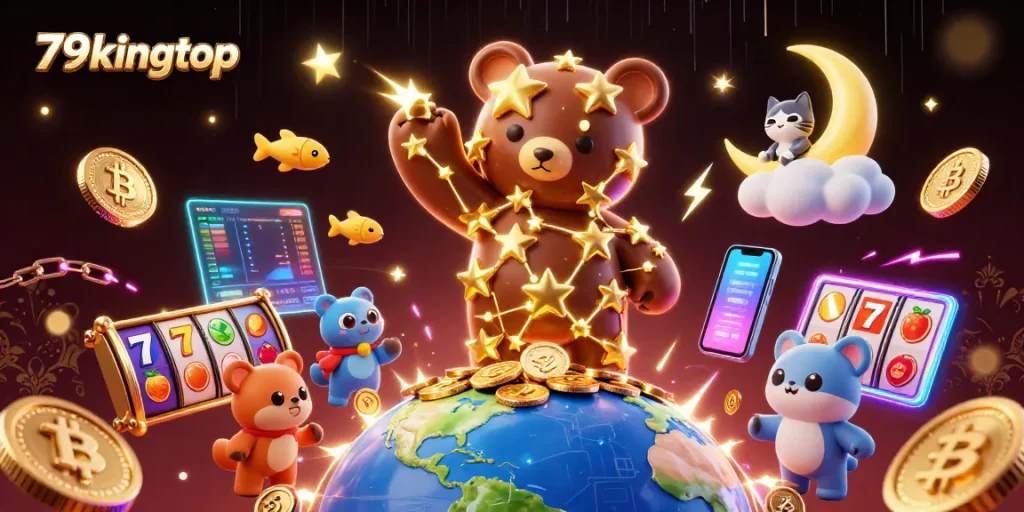 Experience thrilling wins at 79kingtop with vibrant slot reels and casino elements in 3D art.
