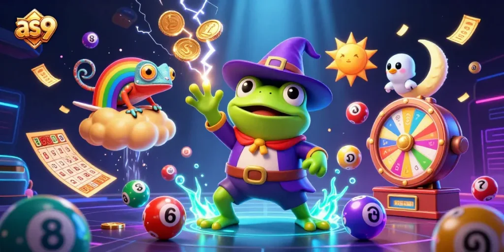 Experience the excitement of as9 lottery with dynamic 3D wizard frog and vibrant game elements.
